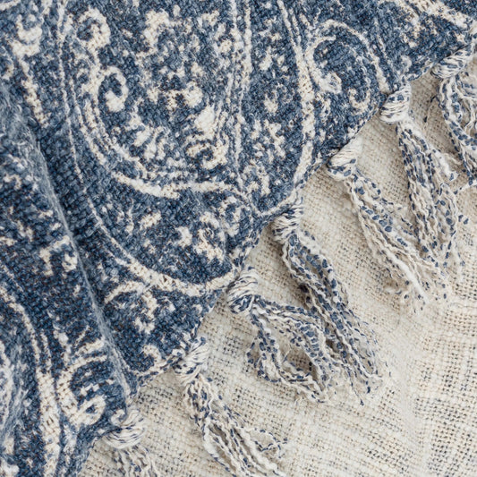 Blue Damask Printed Throw 100% Cotton