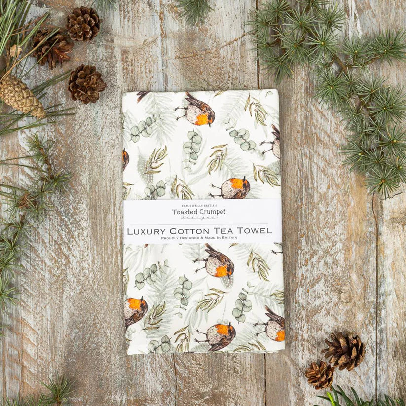 Robin & Eucalyptus Tea Towel White