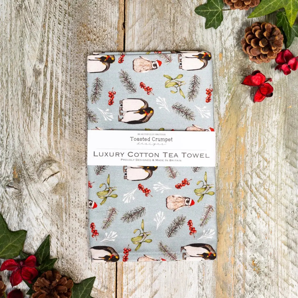 Christmas Penguins Tea Towel Ice Blue