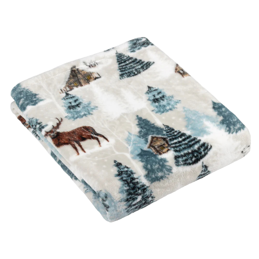 Fleece throw with forest pattern featuring trees and deer on a white background