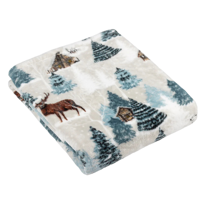 Fleece throw with forest pattern featuring trees and deer on a white background