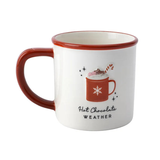White mug with red handle and 'Hot Chocolate Weather' text on a white background