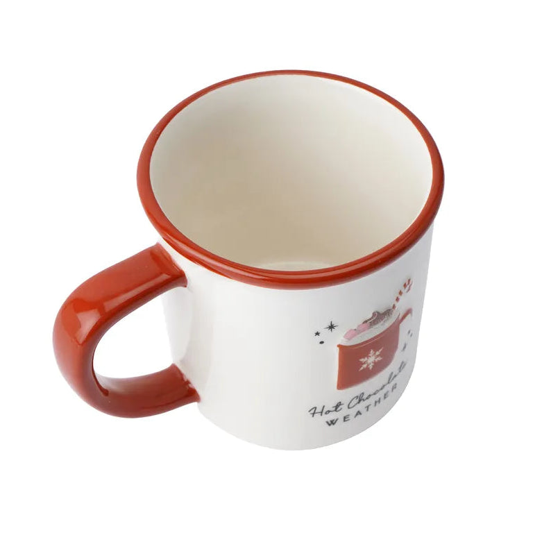 White mug with red details and handle on a white background
