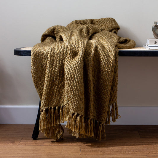 Olive Woven Fringed Throw 50% Cotton