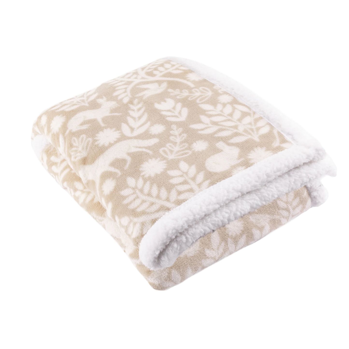 Floral patterned fleece throw with white border on a white background