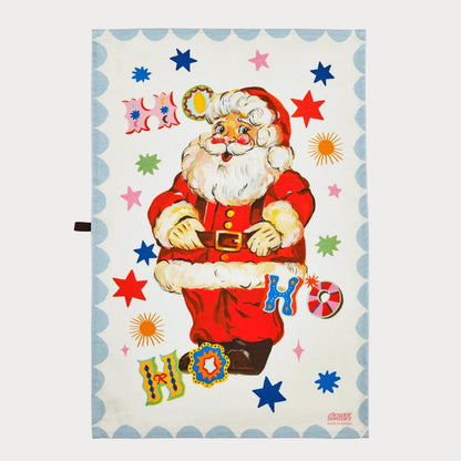 Vintage-style Santa Claus poster with colorful text and stars on a pink background