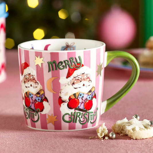 Christmas-themed mug with Santa Claus design on a festive background